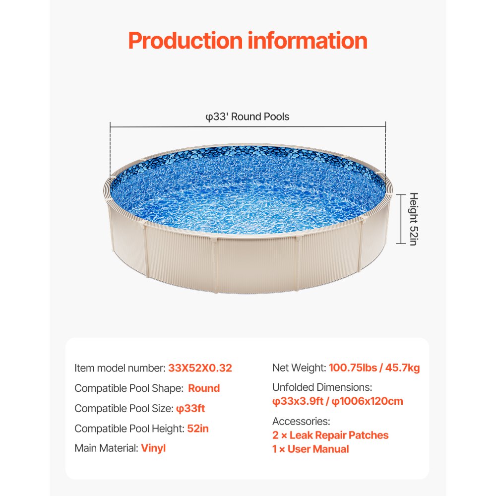 VEVOR Pool Liner, 10 m Round Pool Liner, Uinbead Style, Durable Vinyl Pool Liner, Standard Gauge, 1.32m Wall Height, Pool Liner Replacement for Steel Sided Above-Ground Swimming Pools