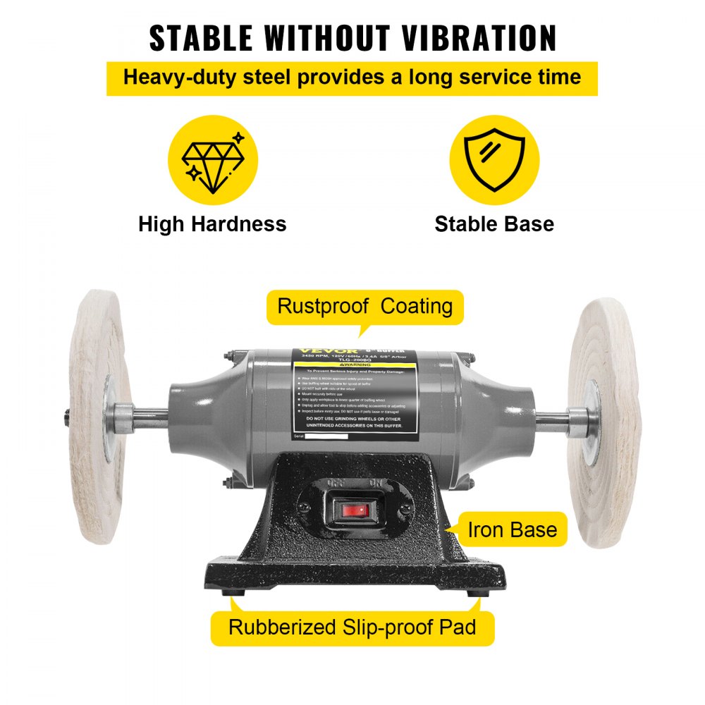 VEVOR Bench Buffer Polisher, 8 inch Buffing Machine 350W 3/4HP Motor with 3600 RPM, Heavy Duty Benchtop Lathe Polishing Machine for Jewelry, Wood, Silver, Amber, Metal, Jade