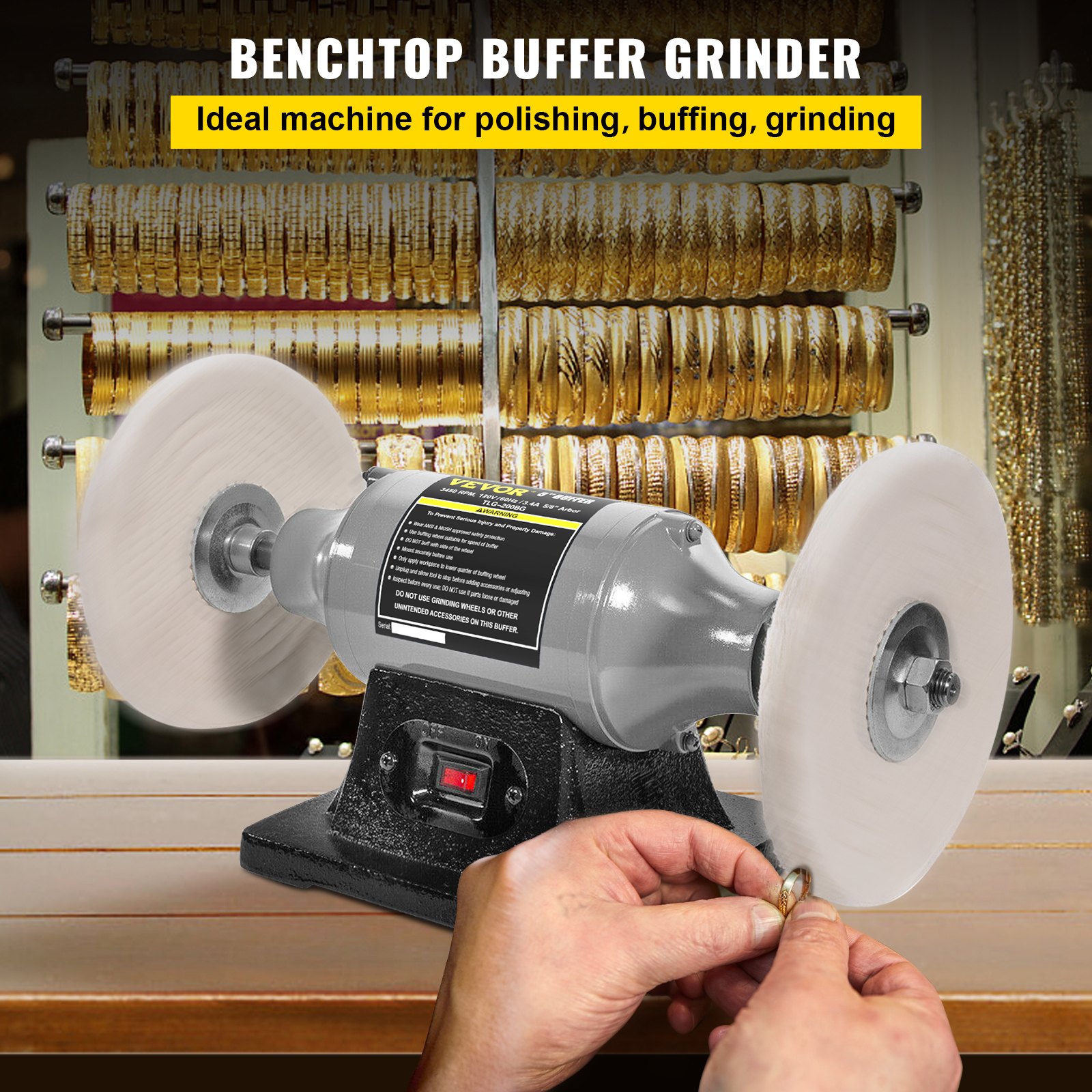 VEVOR Bench Buffer Polisher, 8 inch Buffing Machine 350W 3/4HP Motor with 3600 RPM, Heavy Duty Benchtop Lathe Polishing Machine for Jewelry, Wood, Silver, Amber, Metal, Jade