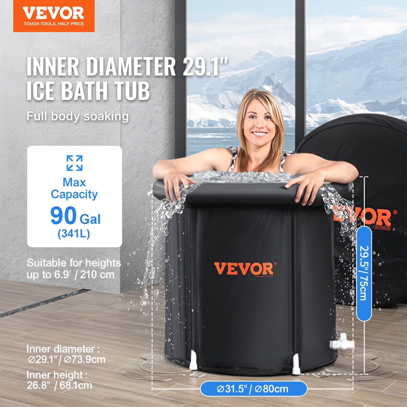 VEVOR Ice Bath Tub, 80 cm Long Cold Water Therapy Plunge Tub for Athletes, Portable Outdoor Ice Barrel Plunge Pool for Recovery, 341L Inflatable Folding Bathtub with Cover, Home Ice Pod for Adult