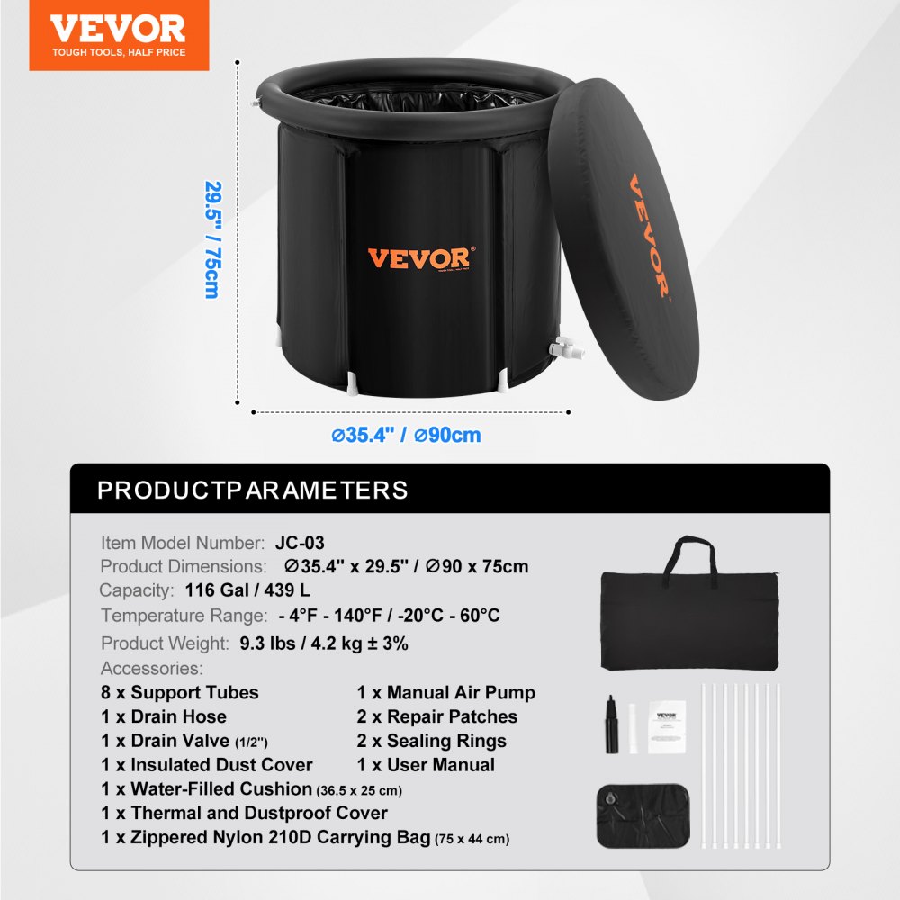 VEVOR Ice Bath Tub, 90 cm Long Cold Water Therapy Plunge Tub for Athletes, Portable Outdoor Ice Barrel Plunge Pool for Recovery, 370L Inflatable Folding Bathtub with Cover, Home Ice Pod for Adult