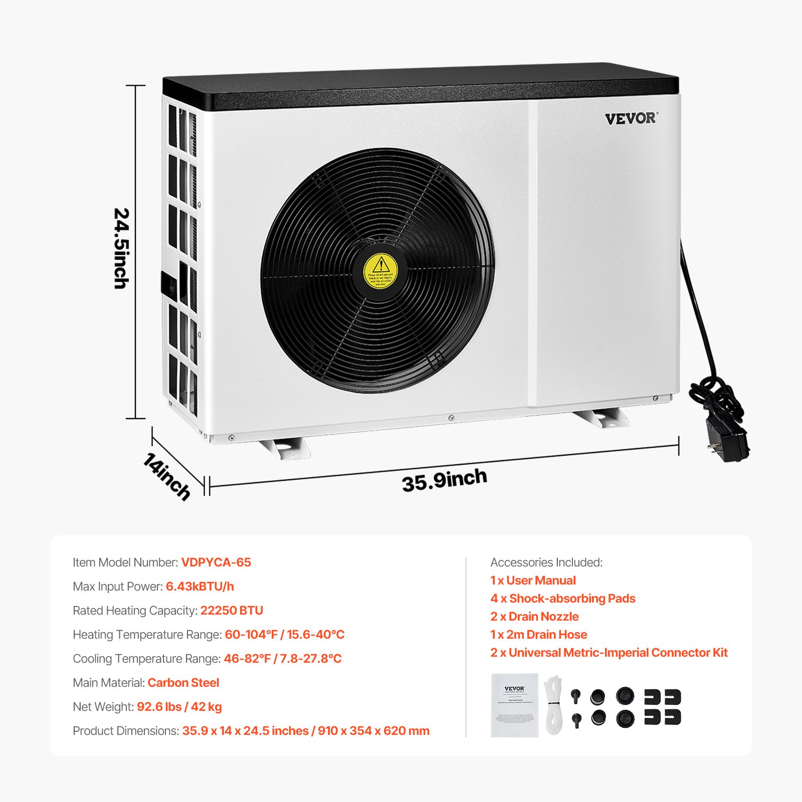 VEVOR Electric Pool Heat Pump, 22250 BTU, Pool Heaters for 3171-6605GAL Above and In Ground Pools, Low Noise, Heating and Cooling Highly Efficient & Energy-Saving Pool Water Heater AC120V 60Hz
