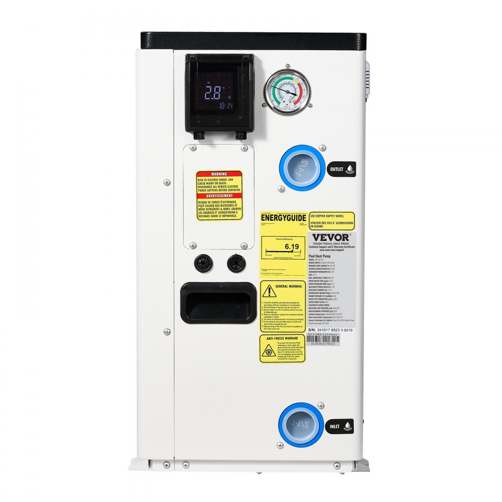 VEVOR Electric Pool Heat Pump, 35830 BTU, Pool Heaters for 6605-13209GAL Above and In Ground Pools, Low Noise, Heating and Cooling Highly Efficient & Energy-Saving Pool Water Heater AC208-230V 60Hz