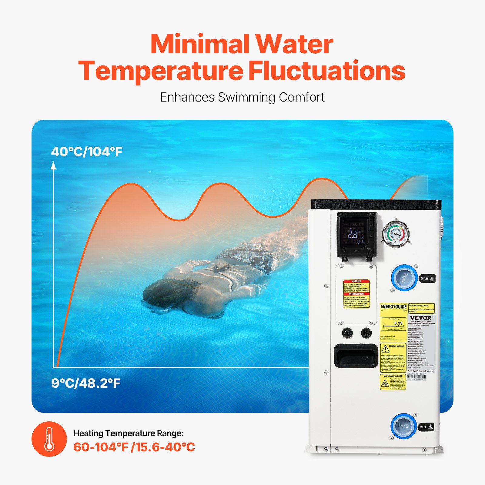 VEVOR Electric Pool Heat Pump, 35830 BTU, Pool Heaters for 6605-13209GAL Above and In Ground Pools, Low Noise, Heating and Cooling Highly Efficient & Energy-Saving Pool Water Heater AC208-230V 60Hz