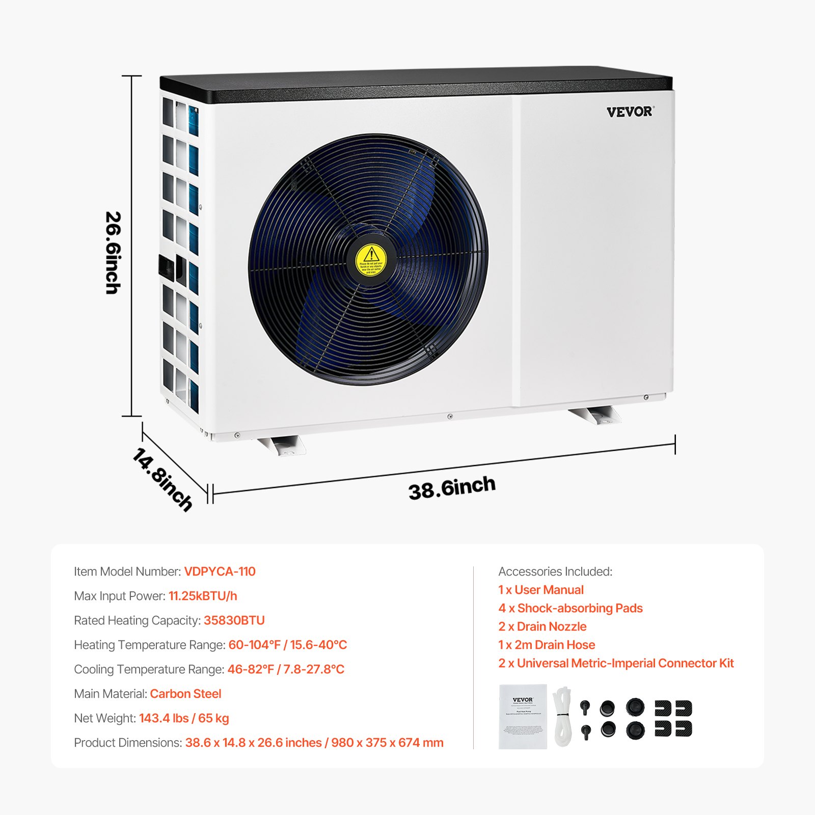 VEVOR Electric Pool Heat Pump, 35830 BTU, Pool Heaters for 6605-13209GAL Above and In Ground Pools, Low Noise, Heating and Cooling Highly Efficient & Energy-Saving Pool Water Heater AC208-230V 60Hz