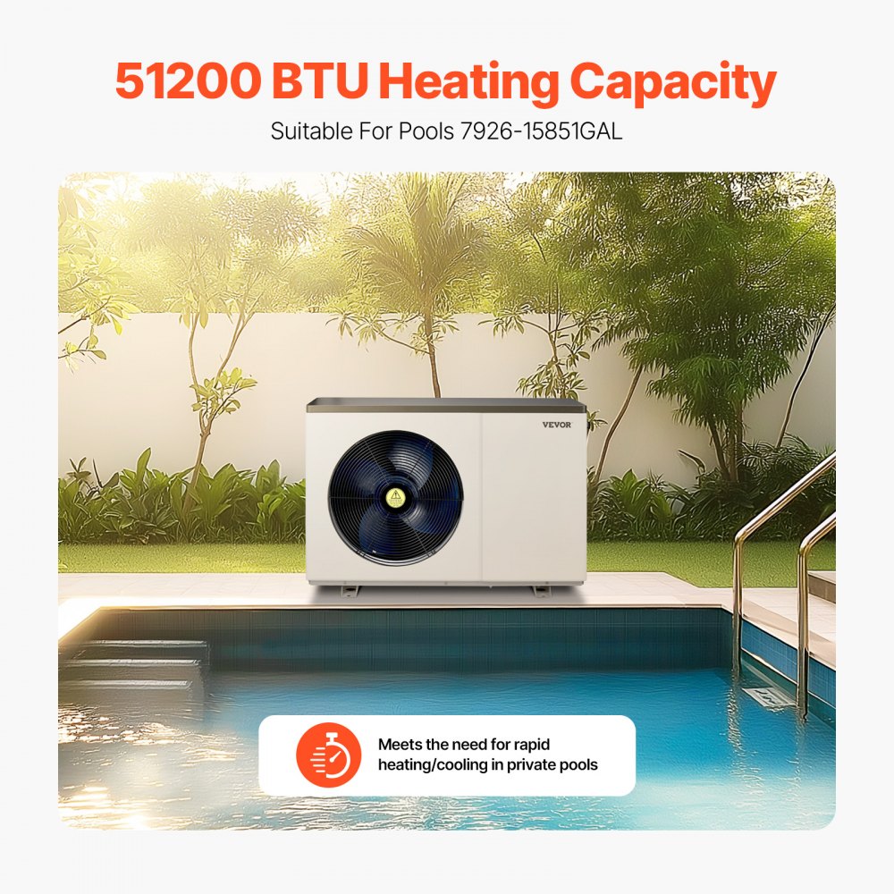 VEVOR Electric Pool Heat Pump, 51200 BTU, Pool Heaters for 7926-15851GAL Above and In Ground Pools, Low Noise, Heating and Cooling Highly Efficient & Energy-Saving Pool Water Heater AC208-230V 60Hz
