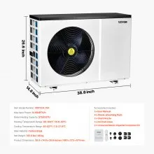 VEVOR Electric Pool Heat Pump, 51200 BTU, Pool Heaters for 7926-15851GAL Above and In Ground Pools, Low Noise, Heating and Cooling Highly Efficient & Energy-Saving Pool Water Heater AC208-230V 60Hz
