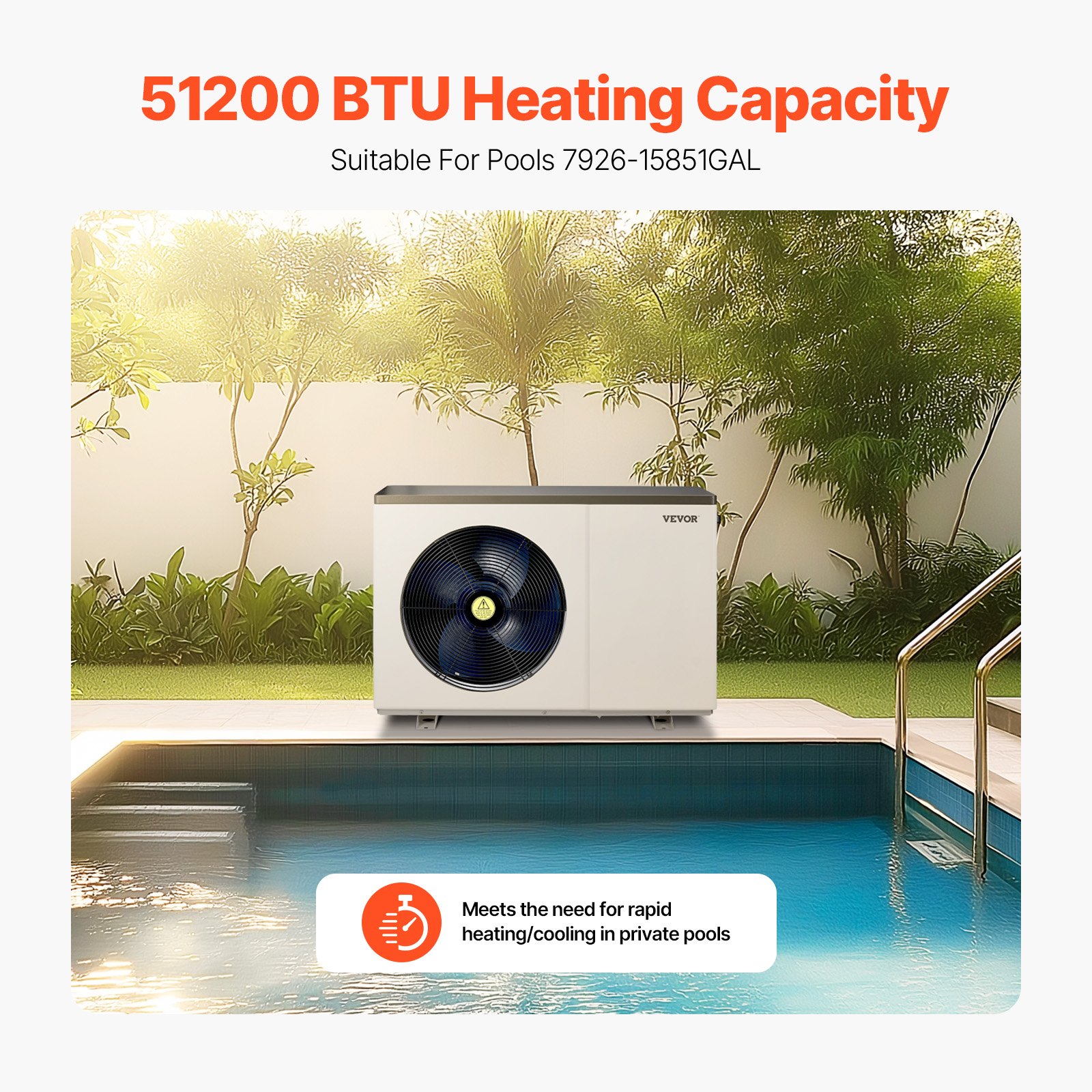 VEVOR Electric Pool Heat Pump, 51200 BTU, Pool Heaters for 7926-15851GAL Above and In Ground Pools, Low Noise, Heating and Cooling Highly Efficient & Energy-Saving Pool Water Heater AC208-230V 60Hz