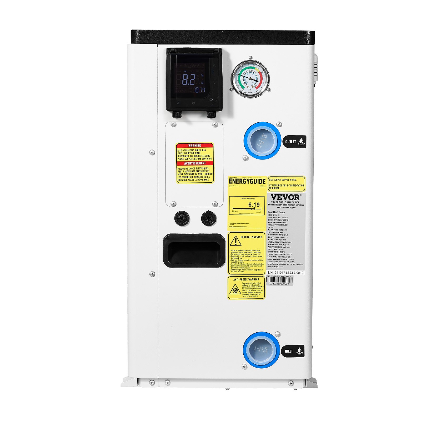 VEVOR Electric Pool Heat Pump, 51200 BTU, Pool Heaters for 7926-15851GAL Above and In Ground Pools, Low Noise, Heating and Cooling Highly Efficient & Energy-Saving Pool Water Heater AC208-230V 60Hz