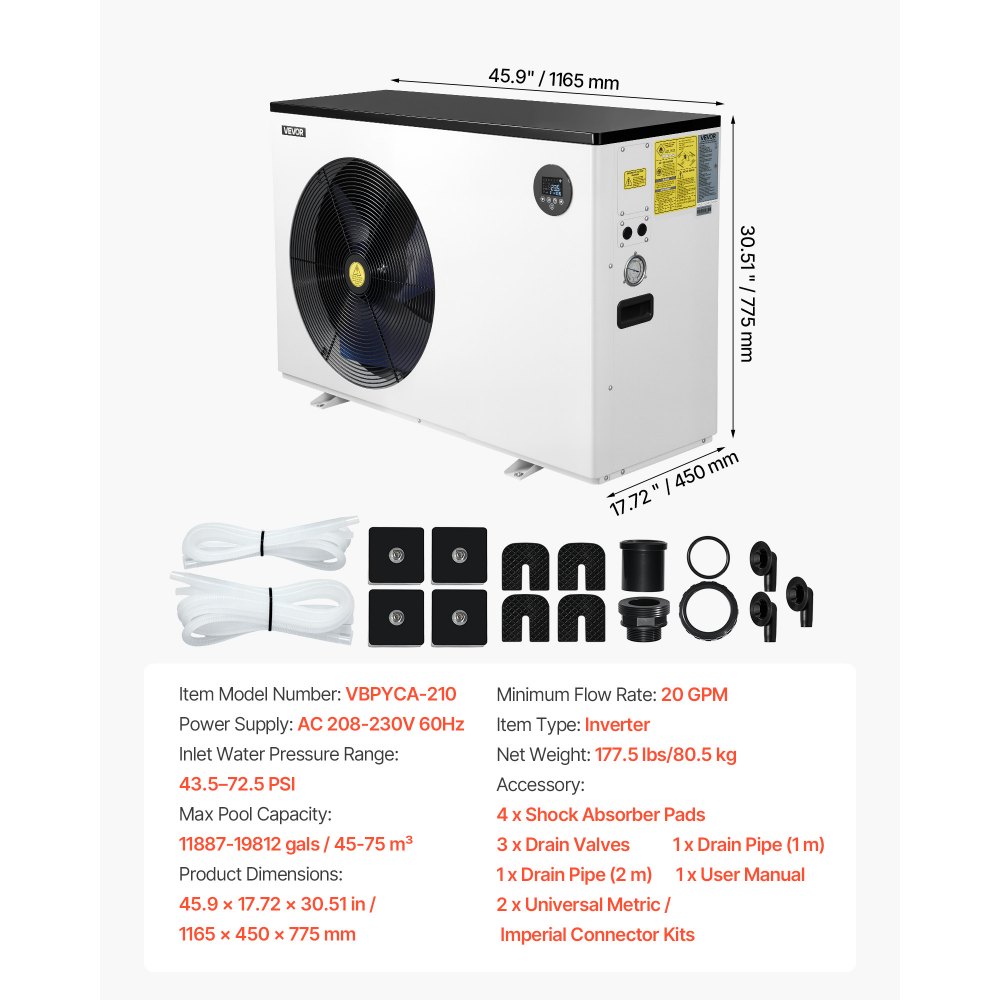 VEVOR Pool Heat Pump Max 70730 BTU, Electric Pool Heater for Above & In-Ground Up to 19812 Gallons, All-DC Inverter Technology, WiFi & App Remote Control, Multiple Protection for Swimming Party