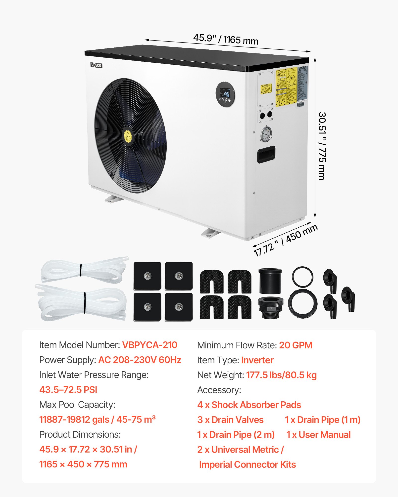 VEVOR Pool Heat Pump Max 70730 BTU, Electric Pool Heater for Above & In-Ground Up to 19812 Gallons, All-DC Inverter Technology, WiFi & App Remote Control, Multiple Protection for Swimming Party