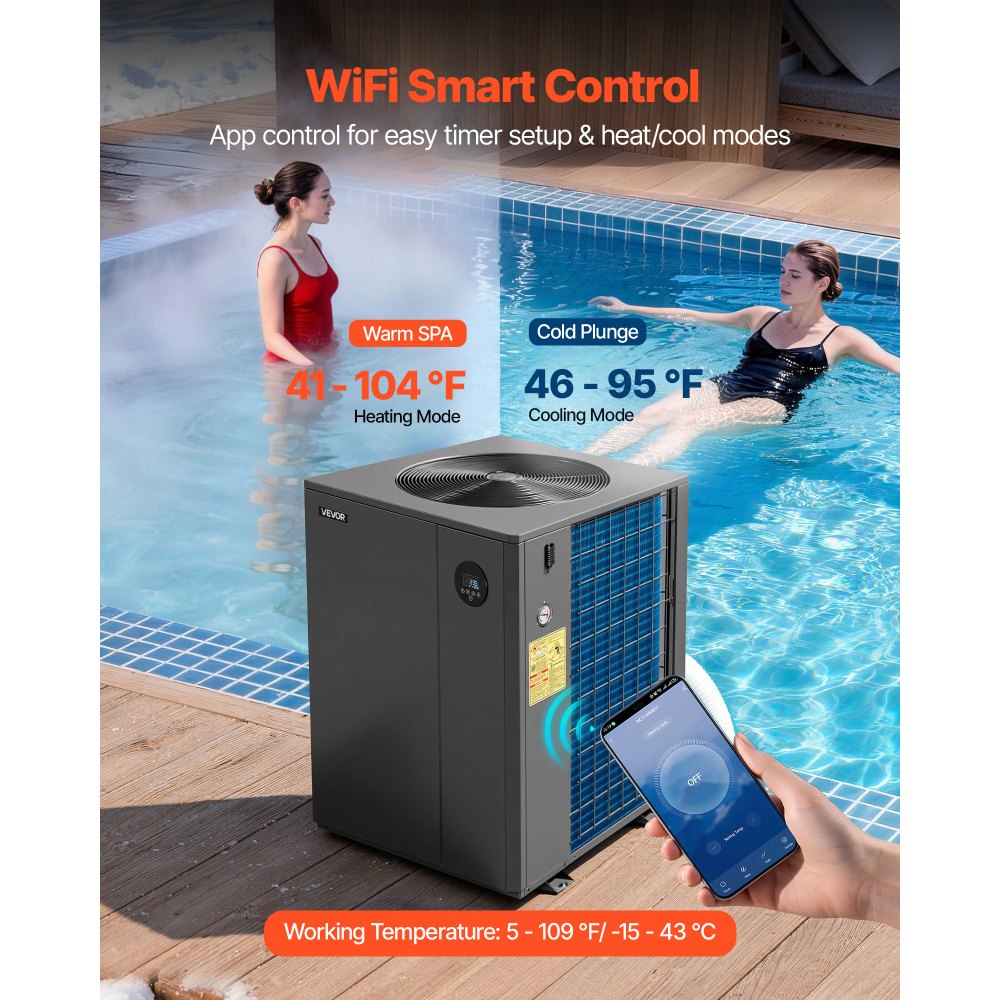 VEVOR Pool Heat Pump Max 88850 BTU, Electric Pool Heater for In-Ground Up to 22454 Gallons, All-DC Inverter Technology, WiFi & App Remote Control, Multiple Protection for Swimming Parties