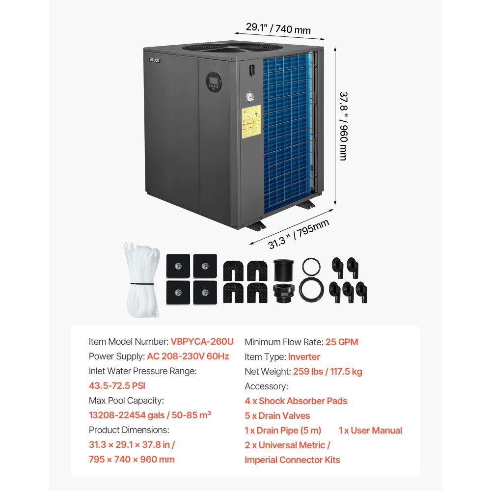 VEVOR Pool Heat Pump Max 88850 BTU, Electric Pool Heater for In-Ground Up to 22454 Gallons, All-DC Inverter Technology, WiFi & App Remote Control, Multiple Protection for Swimming Parties