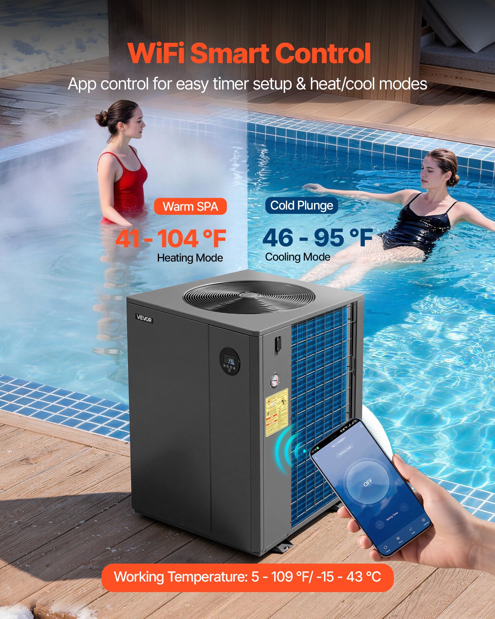 VEVOR Pool Heat Pump Max 88850 BTU, Electric Pool Heater for In-Ground Up to 22454 Gallons, All-DC Inverter Technology, WiFi & App Remote Control, Multiple Protection for Swimming Parties