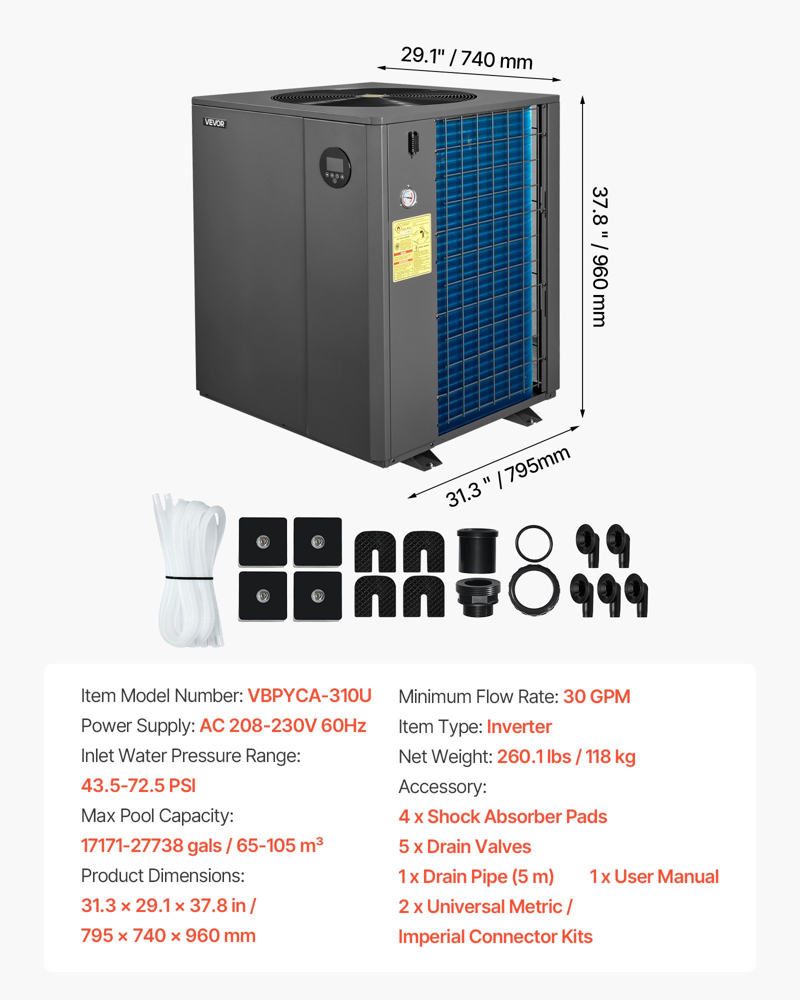VEVOR Pool Heat Pump Max 104790 BTU, Electric Pool Heater for In-Ground Up to 27738 Gallons, All-DC Inverter Technology, WiFi & App Remote Control, Multiple Protection for Swimming Parties