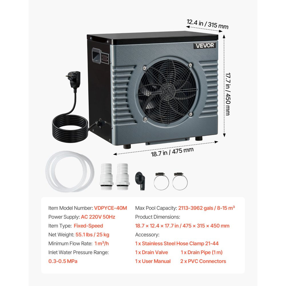 VEVOR 4160 W Pool Heat Pump, Electric Pool Heater for Above Ground Up to 15 m³, Max COP 5.14, Low Noise, GFCI Protection, 15-40 ℃ Heating Temperature for Swimming & Fitness, 220V 50Hz
