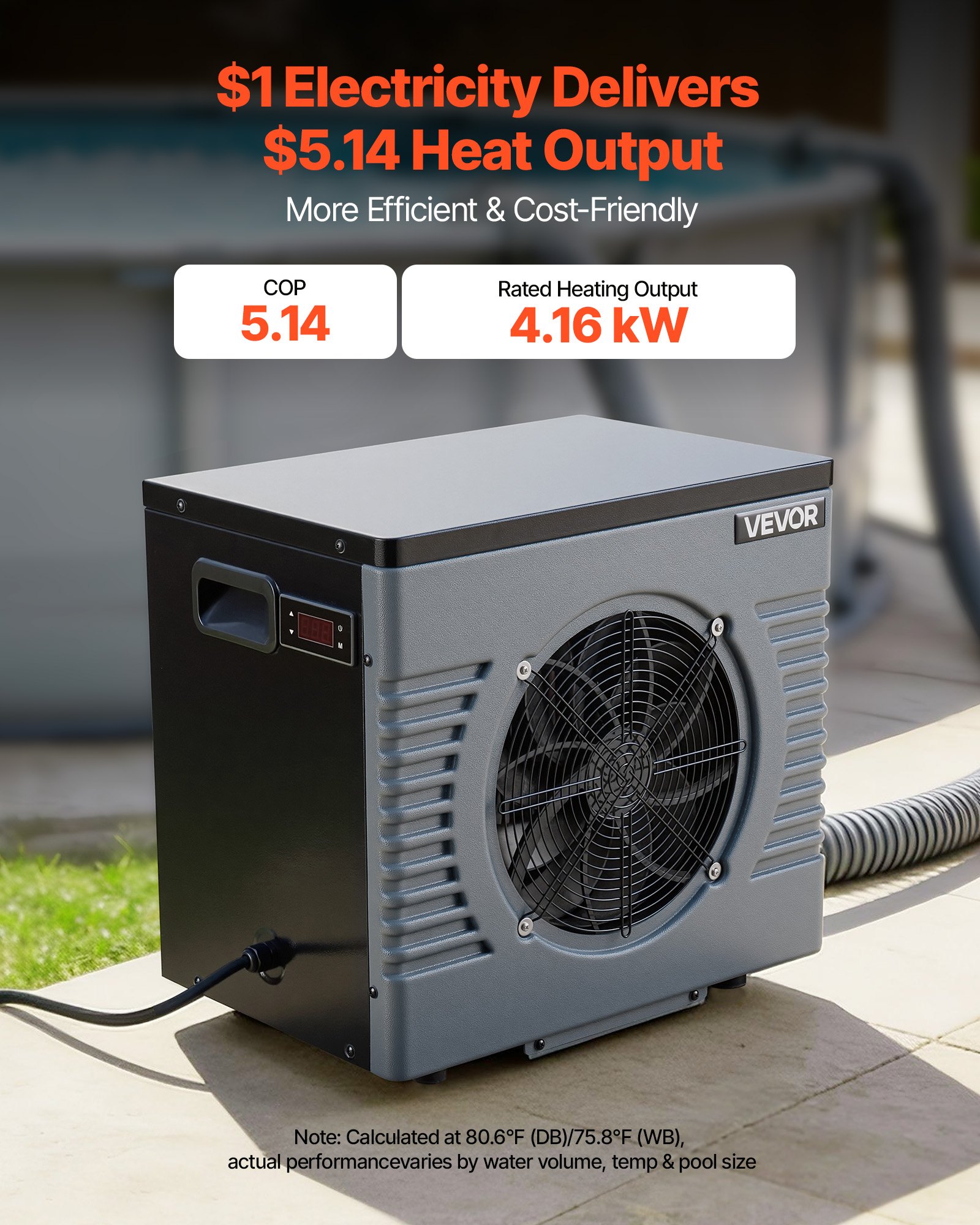 VEVOR 4160 W Pool Heat Pump, Electric Pool Heater for Above Ground Up to 15 m³, Max COP 5.14, Low Noise, GFCI Protection, 15-40 ℃ Heating Temperature for Swimming & Fitness, 220V 50Hz