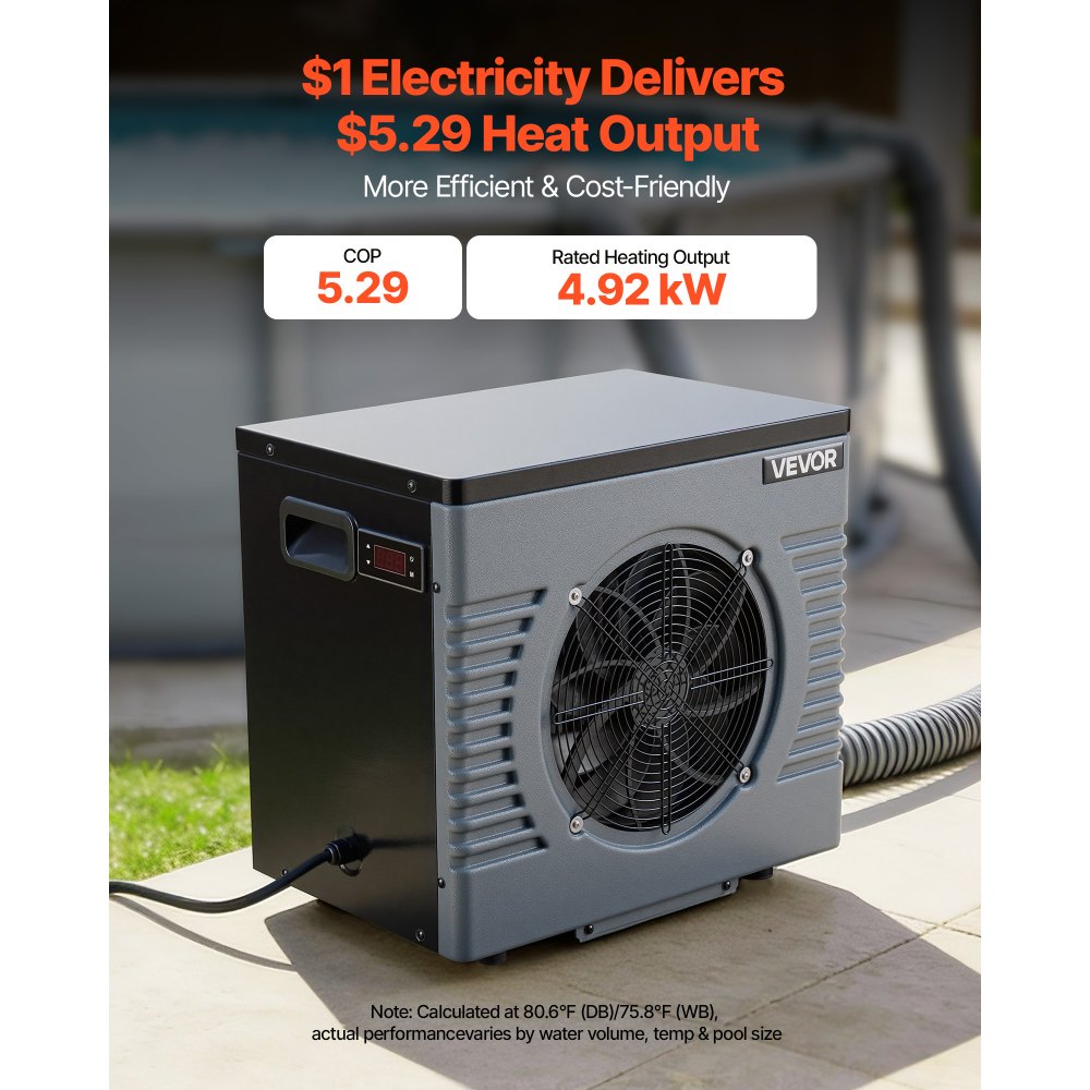 VEVOR 4920 W Pool Heat Pump, Electric Pool Heater for Above Ground Up to 18 m³, Max COP 5.29, Low Noise, GFCI Protection, 15-40 ℃ Heating Temperature for Swimming & Fitness, 220V 50Hz
