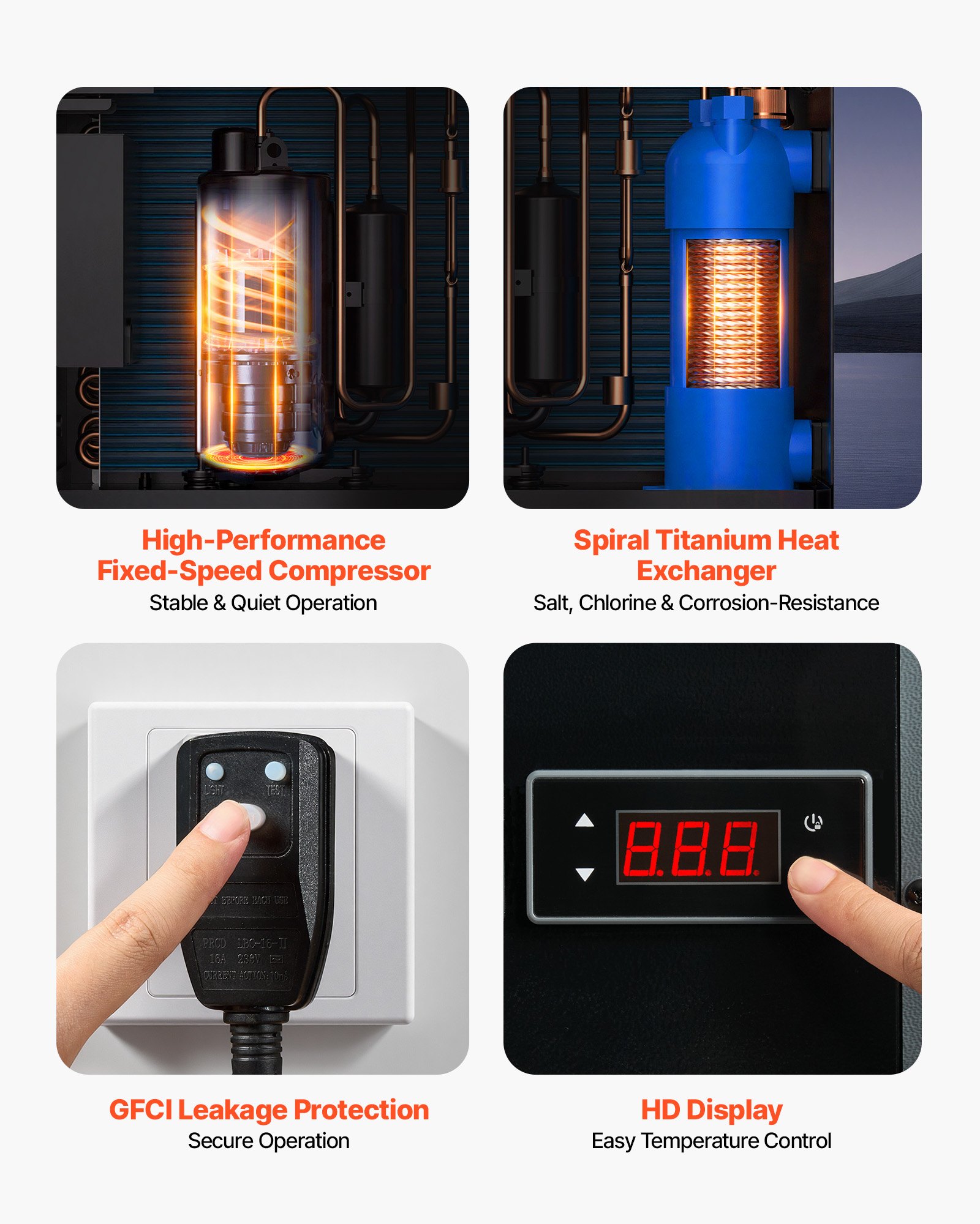 VEVOR 4920 W Pool Heat Pump, Electric Pool Heater for Above Ground Up to 18 m³, Max COP 5.29, Low Noise, GFCI Protection, 15-40 ℃ Heating Temperature for Swimming & Fitness, 220V 50Hz