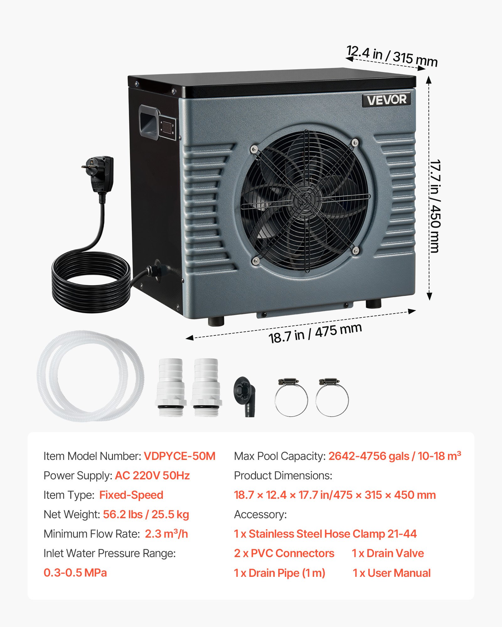 VEVOR 4920 W Pool Heat Pump, Electric Pool Heater for Above Ground Up to 18 m³, Max COP 5.29, Low Noise, GFCI Protection, 15-40 ℃ Heating Temperature for Swimming & Fitness, 220V 50Hz