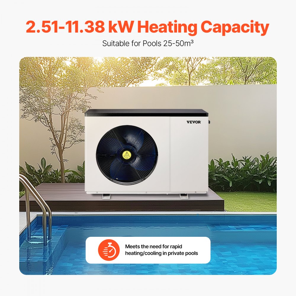VEVOR Electric Pool Heat Pump, 2.51-11.38kW Heating Capacity, Energy-Saving Variable Frequency Pool Heaters for 25-50m³Above Ground Pools, Heating and Cooling Pool Water Heater AC220-240V 50Hz