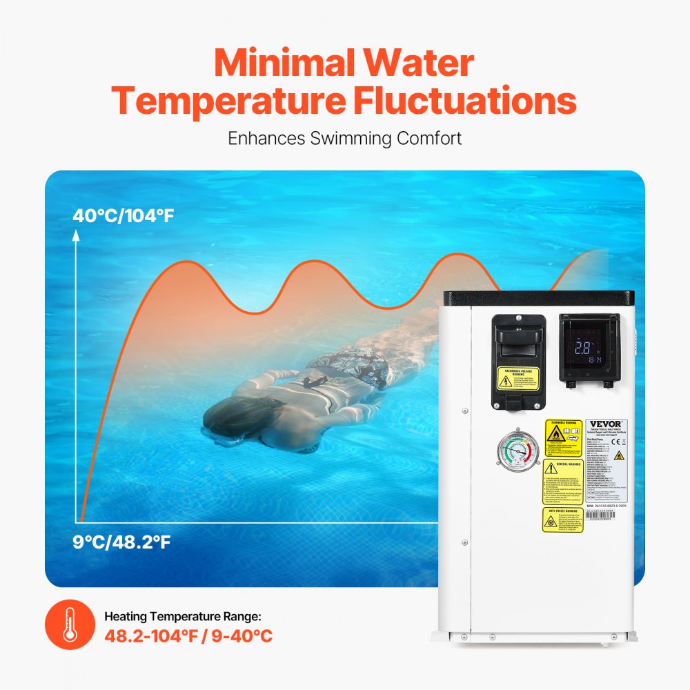 VEVOR Electric Pool Heat Pump, 2.51-11.38kW Heating Capacity, Energy-Saving Variable Frequency Pool Heaters for 25-50m³Above Ground Pools, Heating and Cooling Pool Water Heater AC220-240V 50Hz