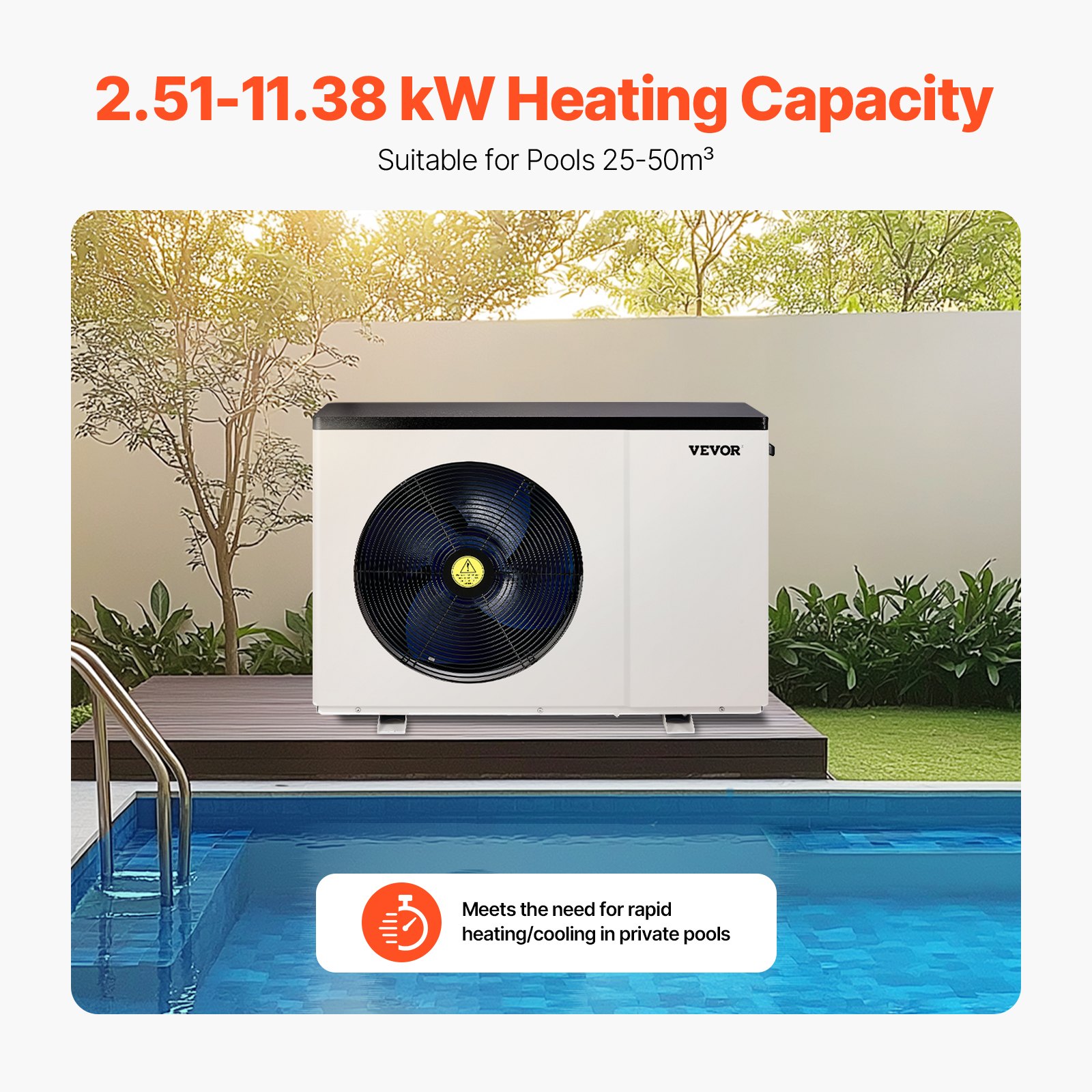 VEVOR Electric Pool Heat Pump, 2.51-11.38kW Heating Capacity, Energy-Saving Variable Frequency Pool Heaters for 25-50m³Above Ground Pools, Heating and Cooling Pool Water Heater AC220-240V 50Hz