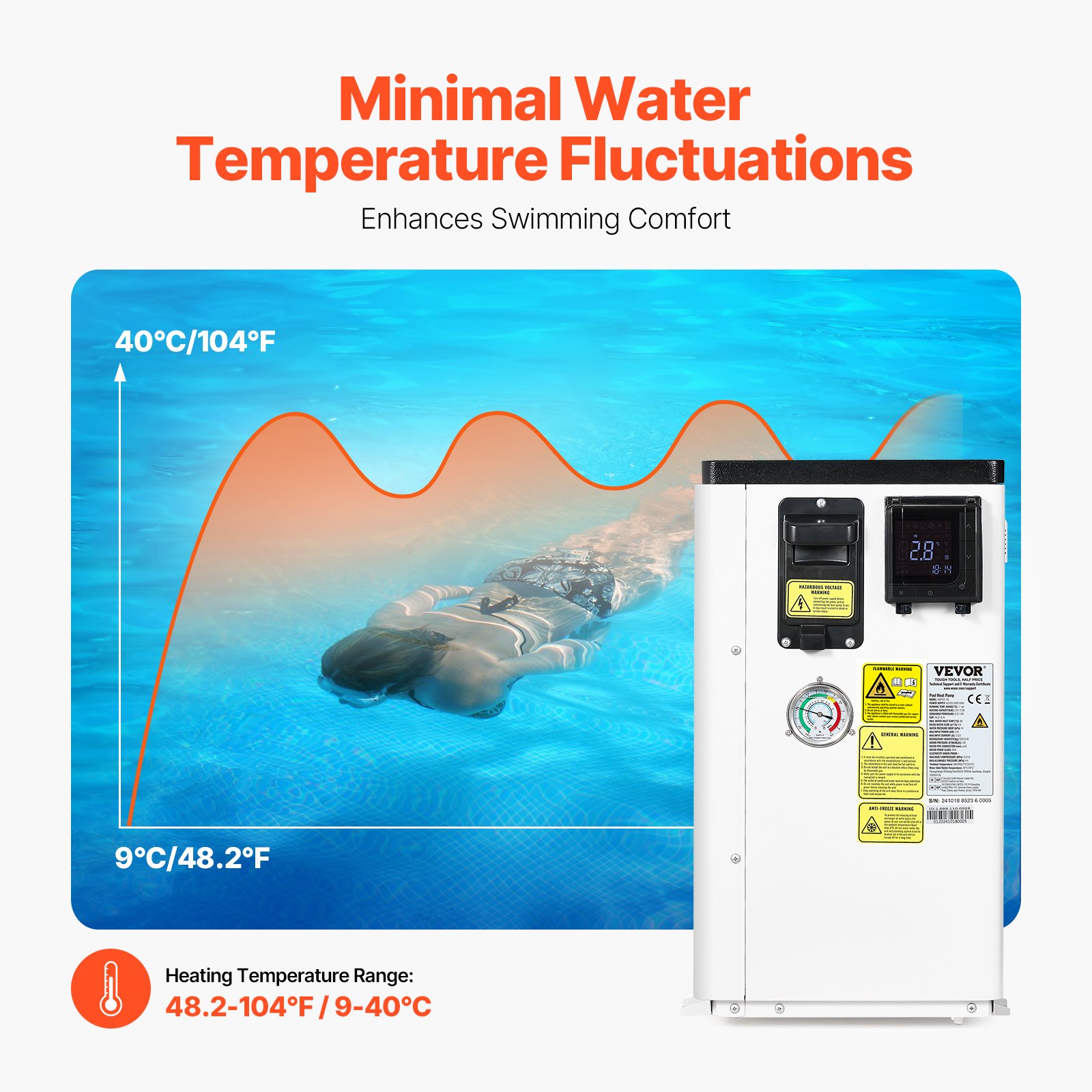 VEVOR Electric Pool Heat Pump, 2.51-11.38kW Heating Capacity, Energy-Saving Variable Frequency Pool Heaters for 25-50m³Above Ground Pools, Heating and Cooling Pool Water Heater AC220-240V 50Hz