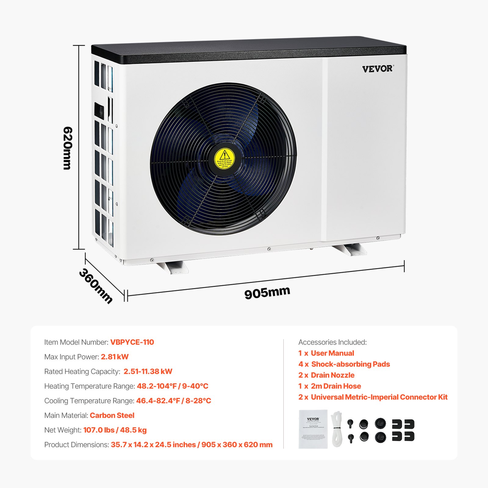 VEVOR Electric Pool Heat Pump, 2.51-11.38kW Heating Capacity, Energy-Saving Variable Frequency Pool Heaters for 25-50m³Above Ground Pools, Heating and Cooling Pool Water Heater AC220-240V 50Hz