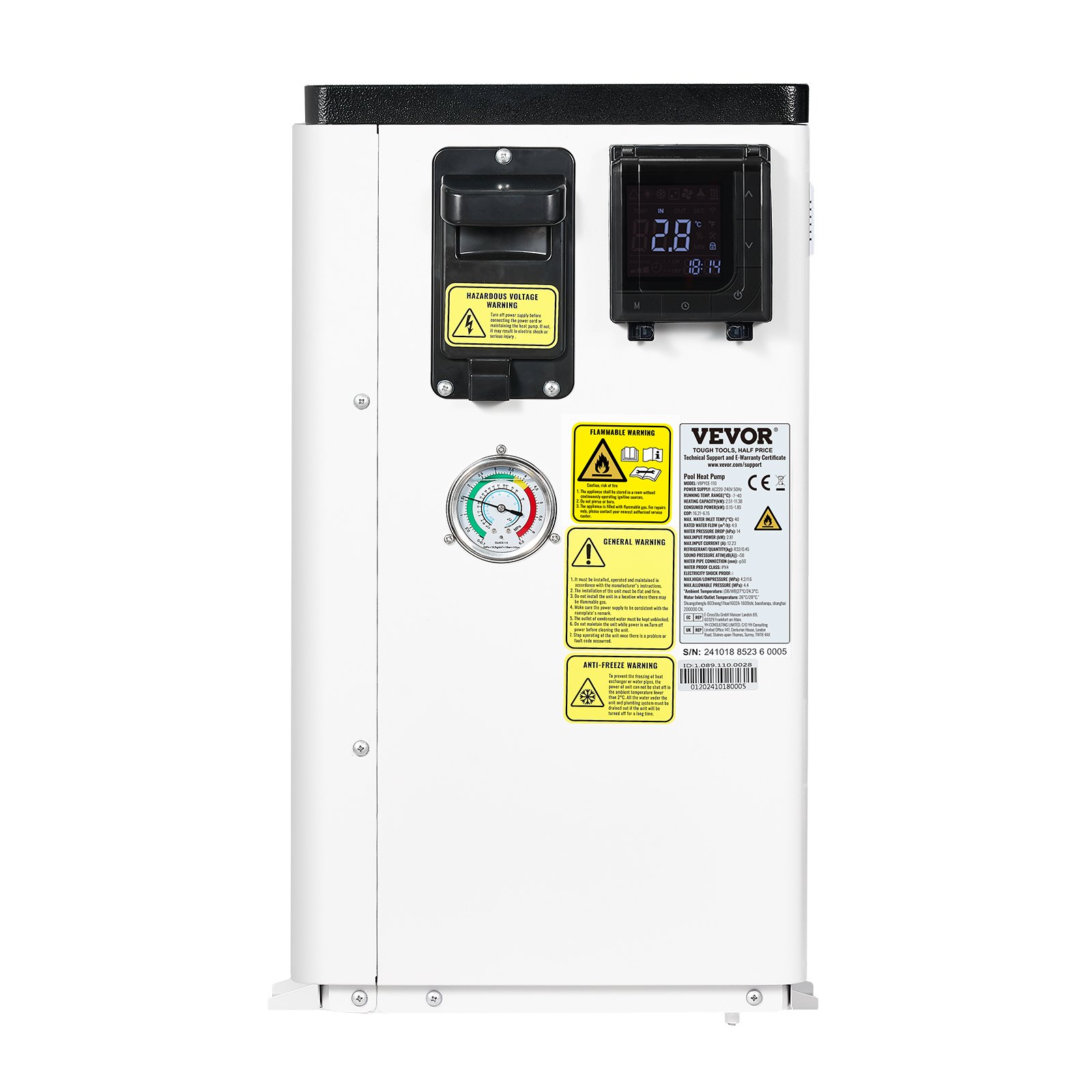 VEVOR Electric Pool Heat Pump, 2.51-11.38kW Heating Capacity, Energy-Saving Variable Frequency Pool Heaters for 25-50m³Above Ground Pools, Heating and Cooling Pool Water Heater AC220-240V 50Hz