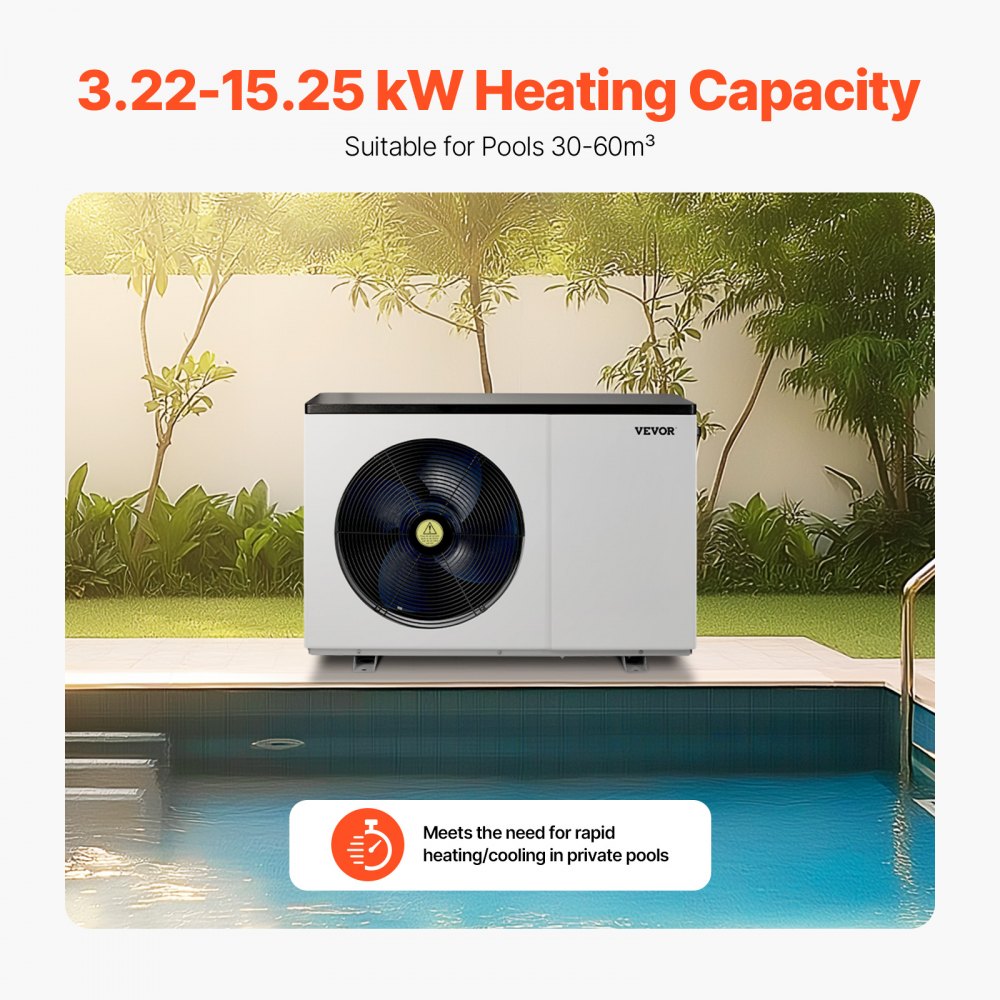 VEVOR Electric Pool Heat Pump, 3.22-15.25kW Heating Capacity, Energy-Saving Variable Frequency Pool Heaters for 30-60m³Above Ground Pools, Heating and Cooling Pool Water Heater AC220-240V 50Hz