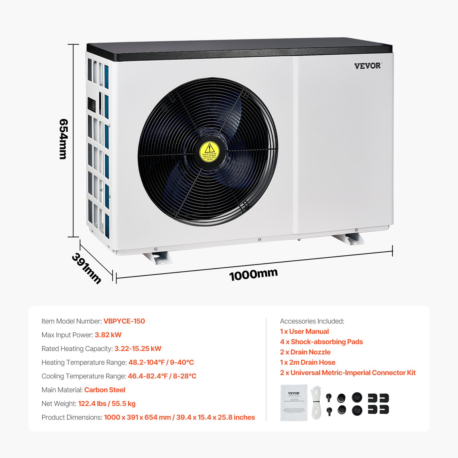 VEVOR Electric Pool Heat Pump, 3.22-15.25kW Heating Capacity, Energy-Saving Variable Frequency Pool Heaters for 30-60m³Above Ground Pools, Heating and Cooling Pool Water Heater AC220-240V 50Hz