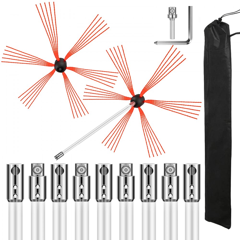 VEVOR Chimney Sweep Kit 33FT Length, Chimney Brush Kit with 10 Nylon Flexible Rods and 2 Brush Head, Rotary Chimney Cleaning Kit Driven by Drill, Chimney Brush Rod Kit for Cleaning Fireplace