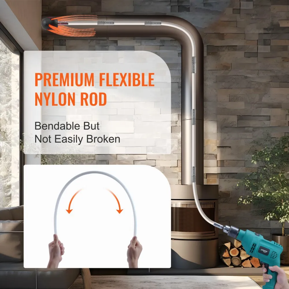 VEVOR chimney sweep kit displaying a flexible nylon rod in a modern home setting with text overlay.