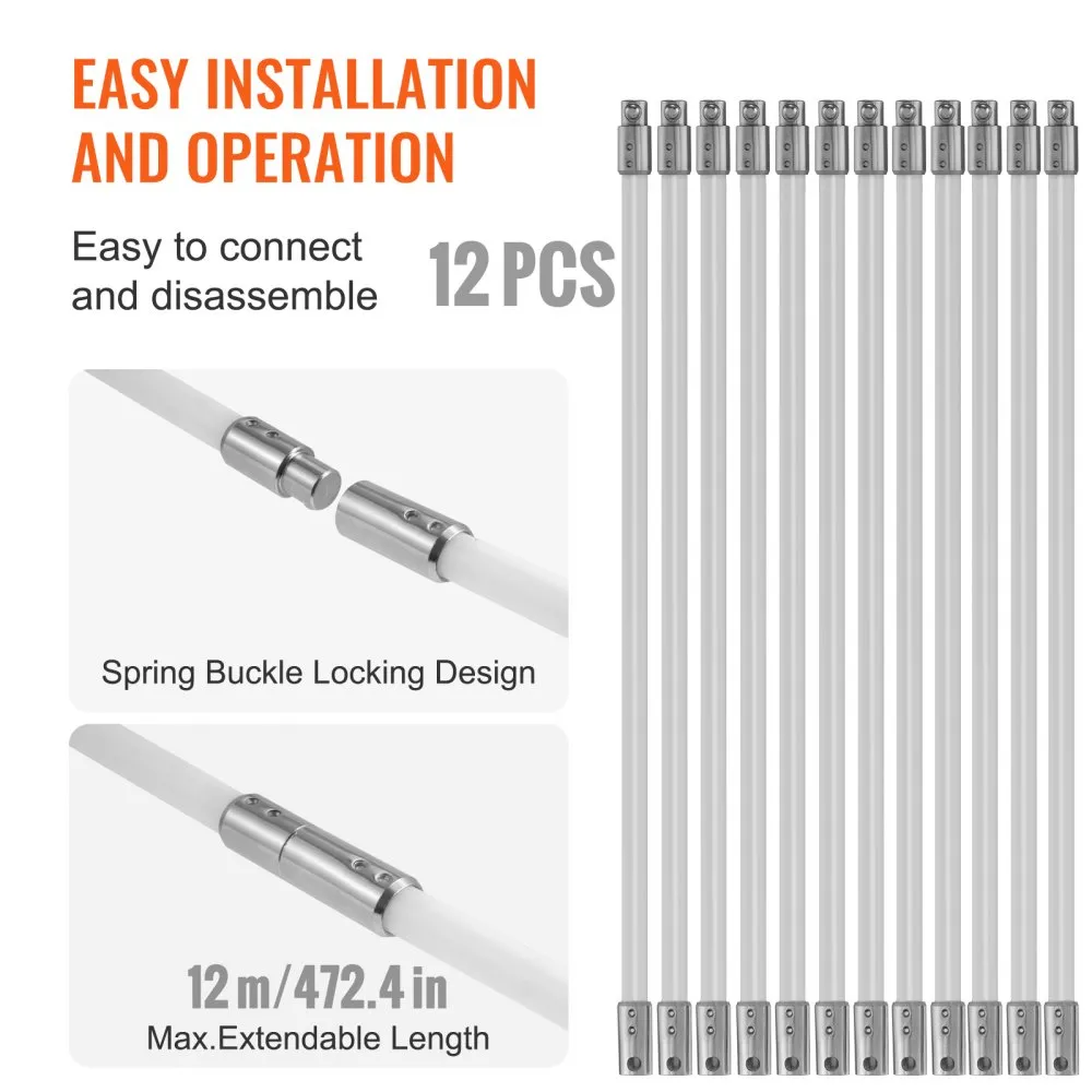 VEVOR chimney sweep kit, 12 pcs with spring buckle locking design, 12m/472.4in max extendable length.