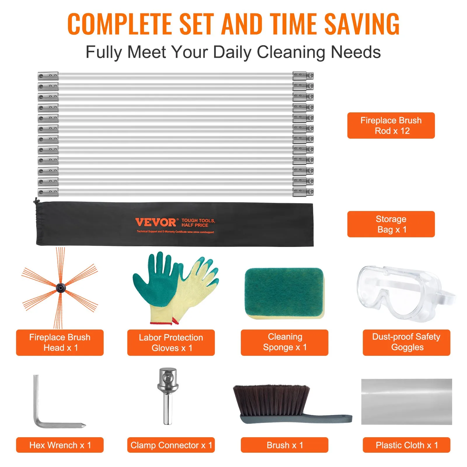 complete VEVOR chimney sweep kit with rods, brush head, gloves, sponge, goggles, and storage bag.