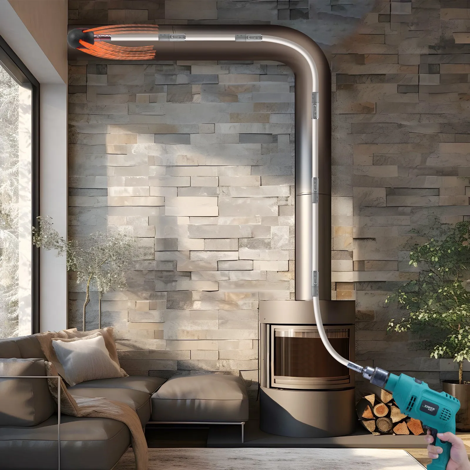 VEVOR chimney sweep kit in use, cleaning a modern fireplace chimney in a stylish living room.
