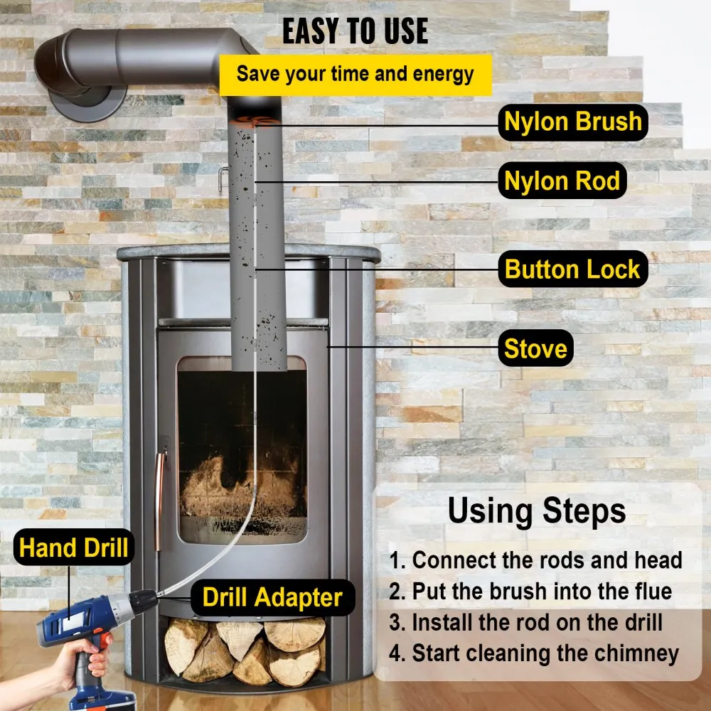 VEVOR chimney sweep kit detailing nylon brush, stove, and hand drill for easy cleaning.
