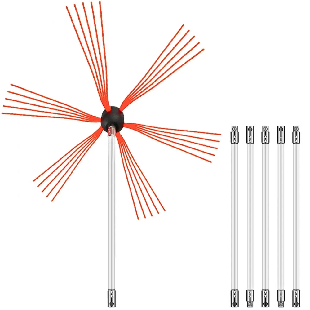 VEVOR chimney sweep kit with red bristles and six long extension rods.