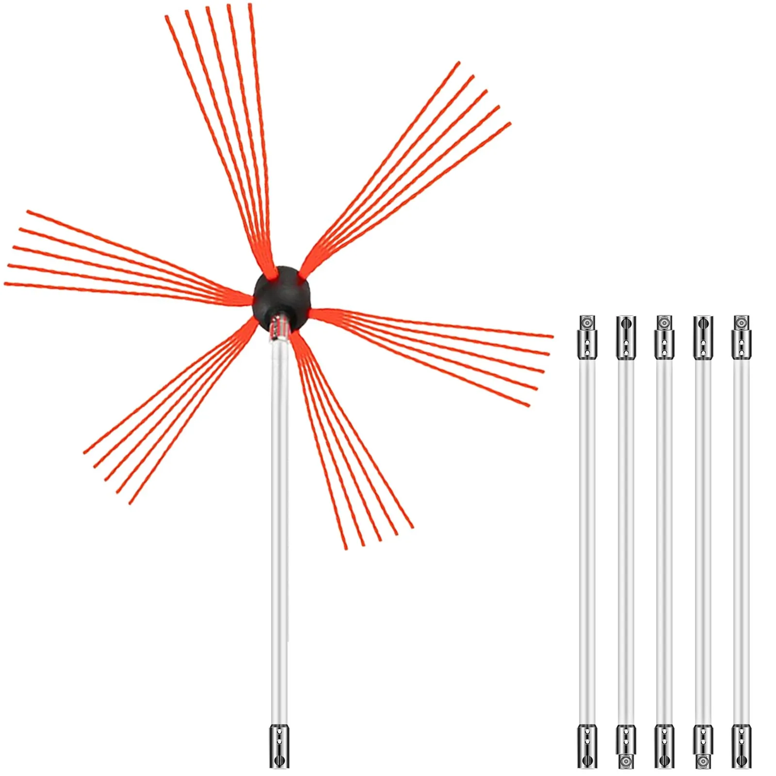 VEVOR chimney sweep kit with red bristles and six long extension rods.