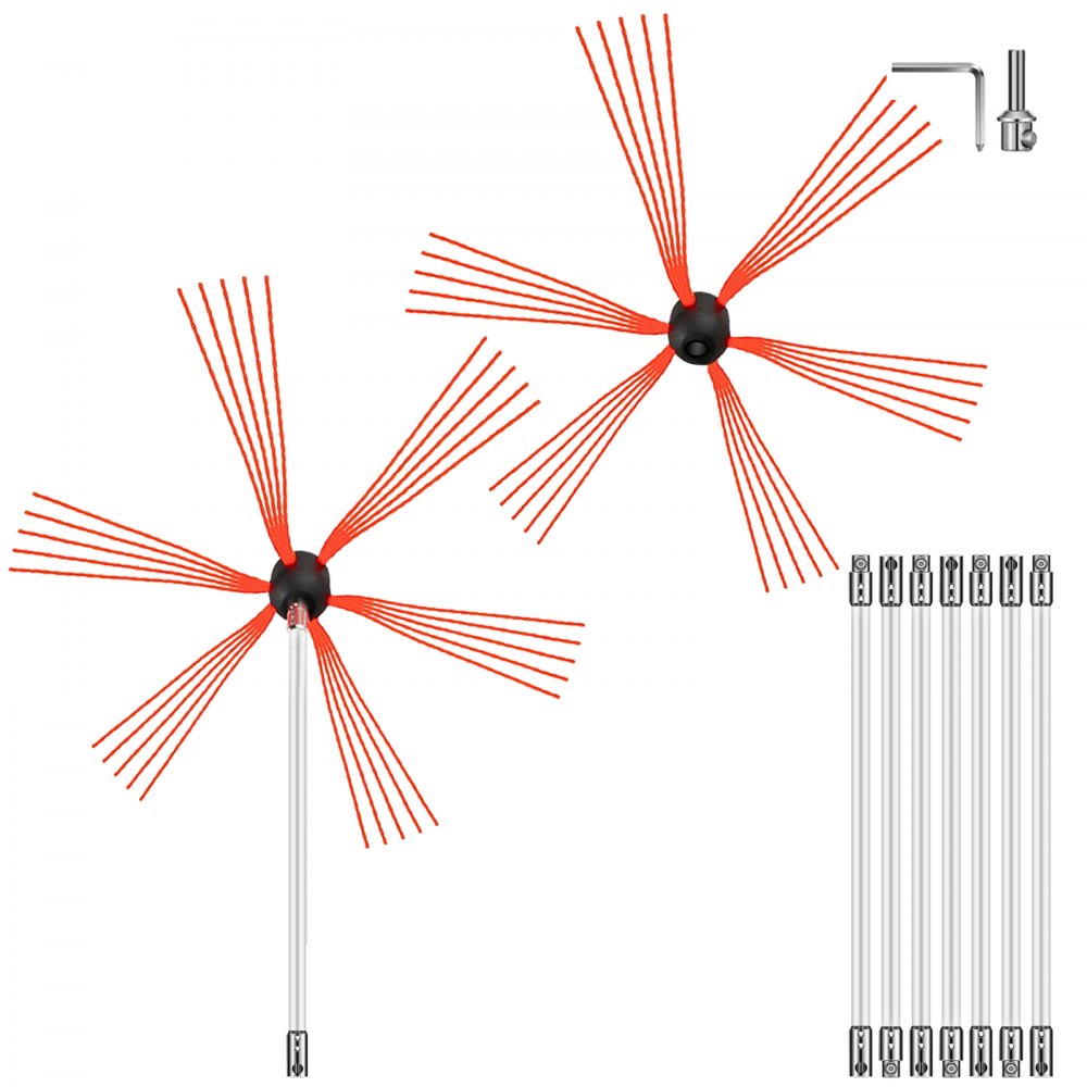 VEVOR chimney sweep kit with orange bristle brushes, metal rods, and wrench.