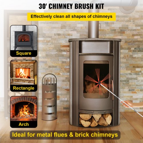 29.5FT Chimney Cleaner Sweep Kit Cleaning System Rotary Brush Rod Fireplace 9m