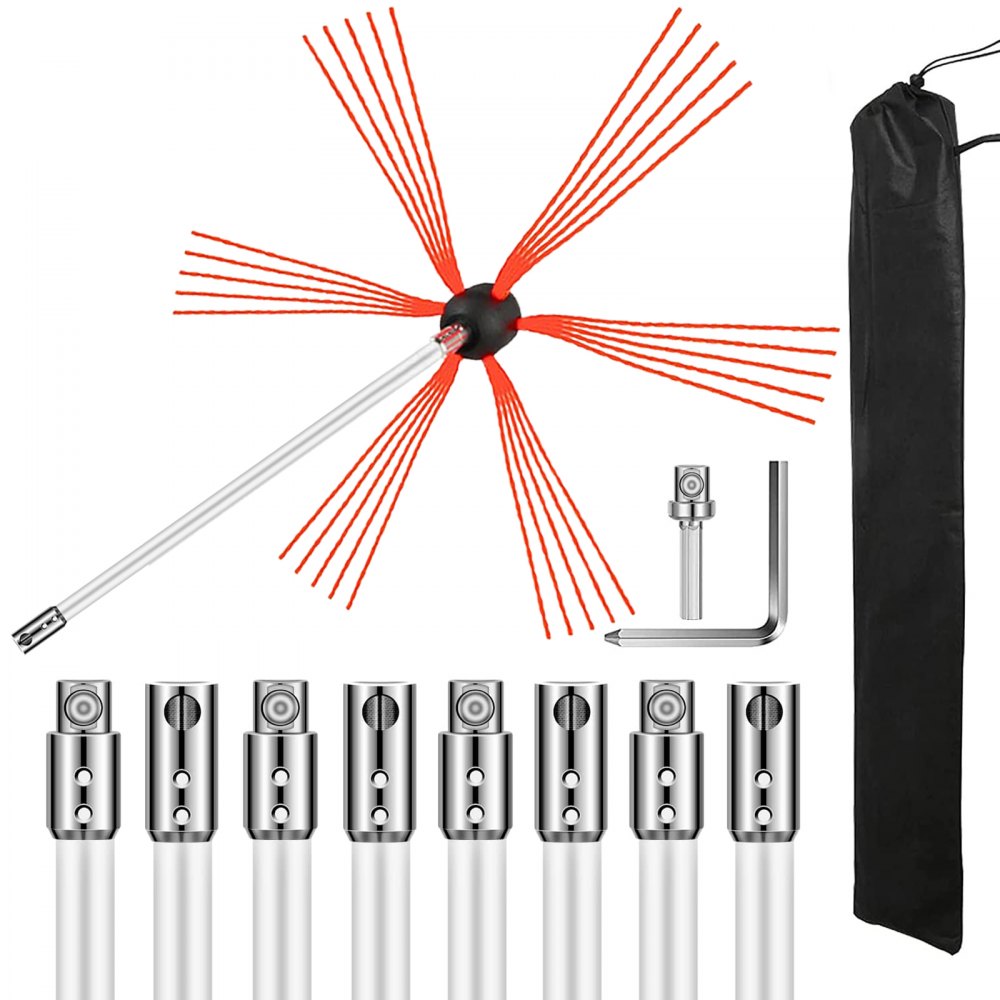 VEVOR chimney sweep kit with red bristle brush, rods, and storage bag.