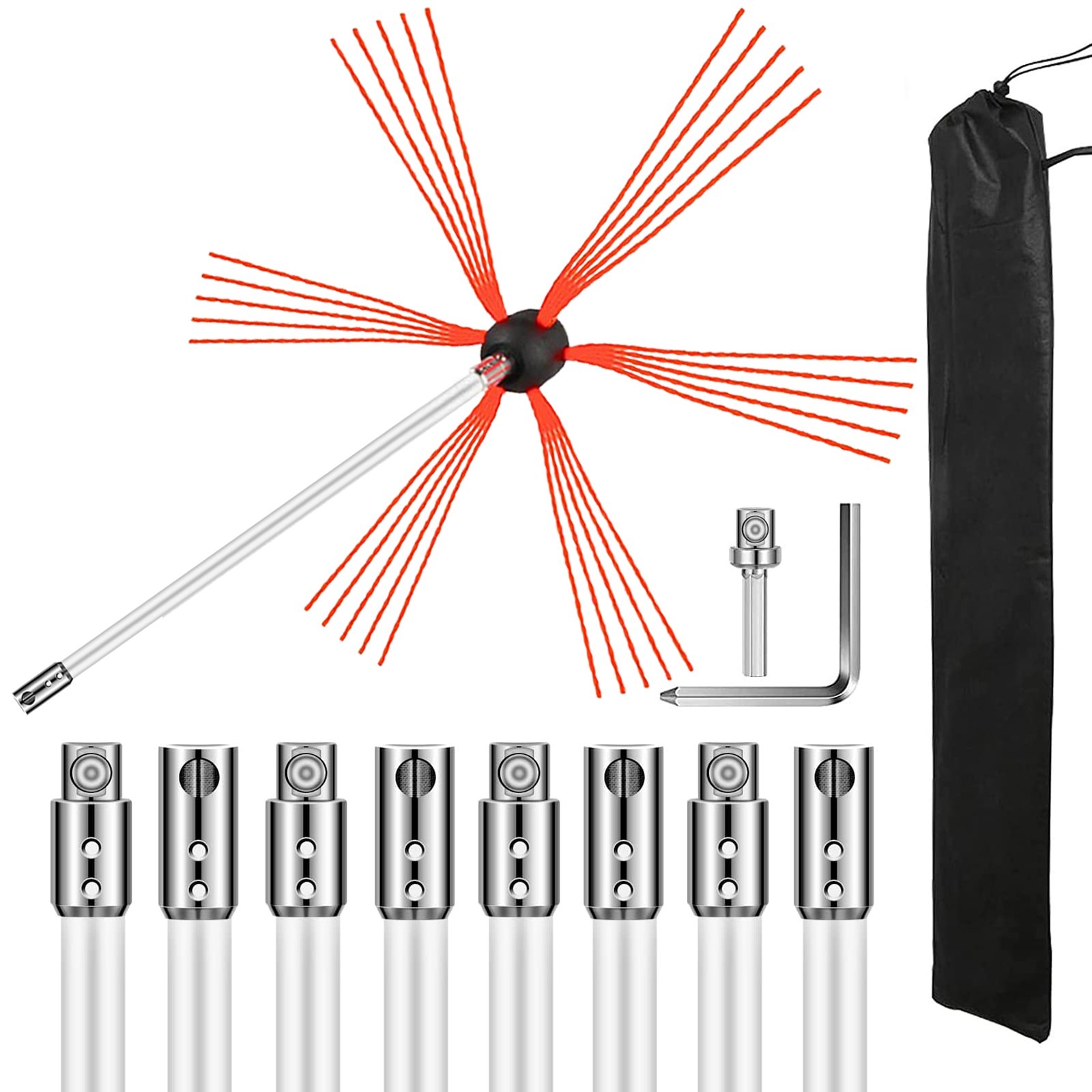 VEVOR chimney sweep kit with red bristle brush, rods, and storage bag.