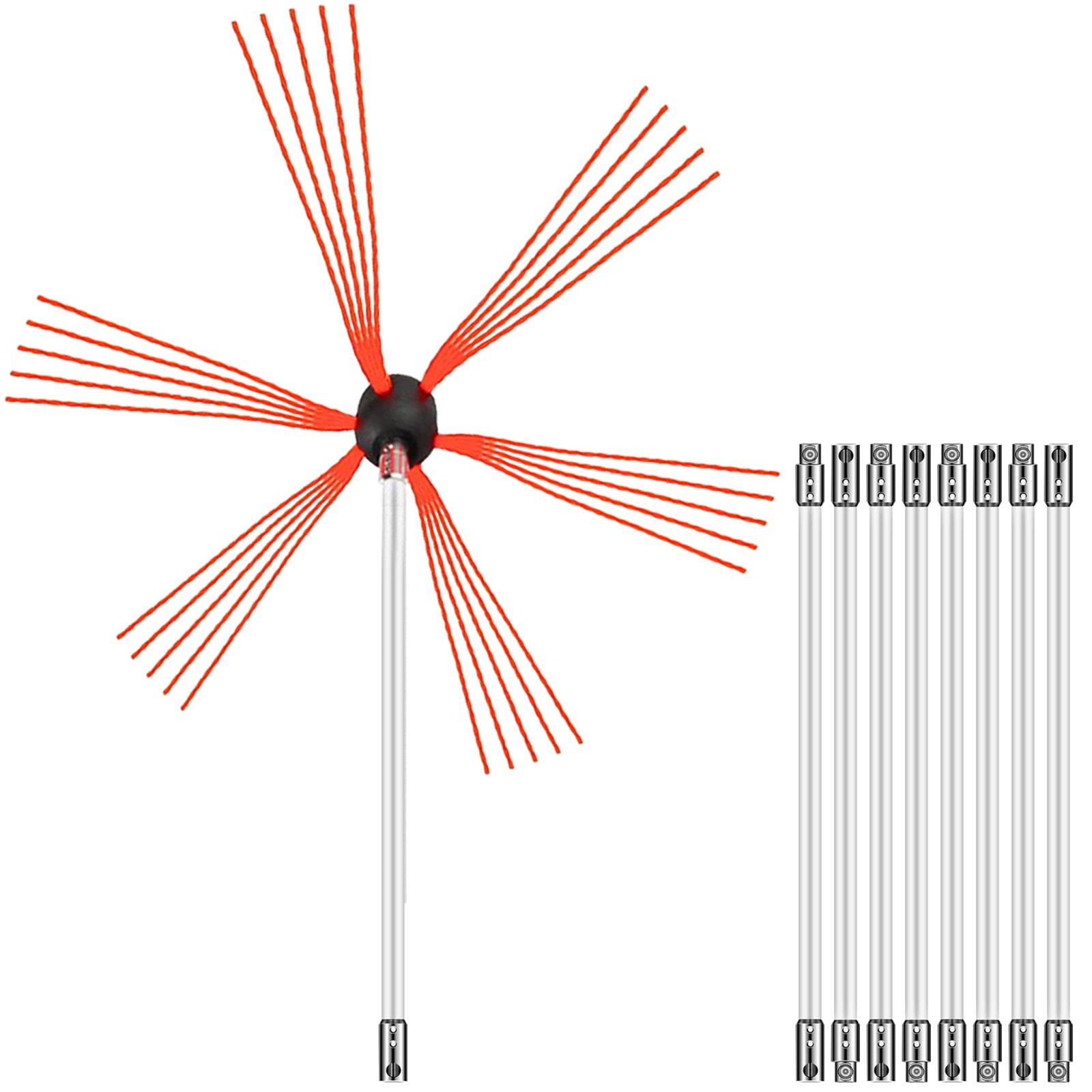 VEVOR chimney sweep kit with red bristles and multiple extension rods.