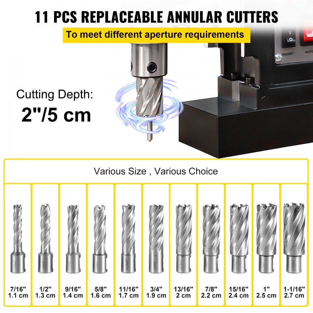 VEVOR Annular Cutter Set, 11 pcs 3/4" Weldon Shank, 2" Cutting Depth and Cutting Diameter from 7/16" to 1-1/16", 2 Pilot Pins & Strong Case for Using with Magnetic Drills, Silver