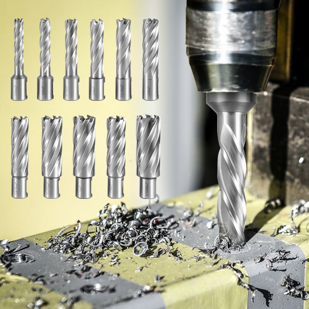 VEVOR Annular Cutter Set, 11 pcs 3/4" Weldon Shank, 2" Cutting Depth and Cutting Diameter from 7/16" to 1-1/16", 2 Pilot Pins & Strong Case for Using with Magnetic Drills, Silver