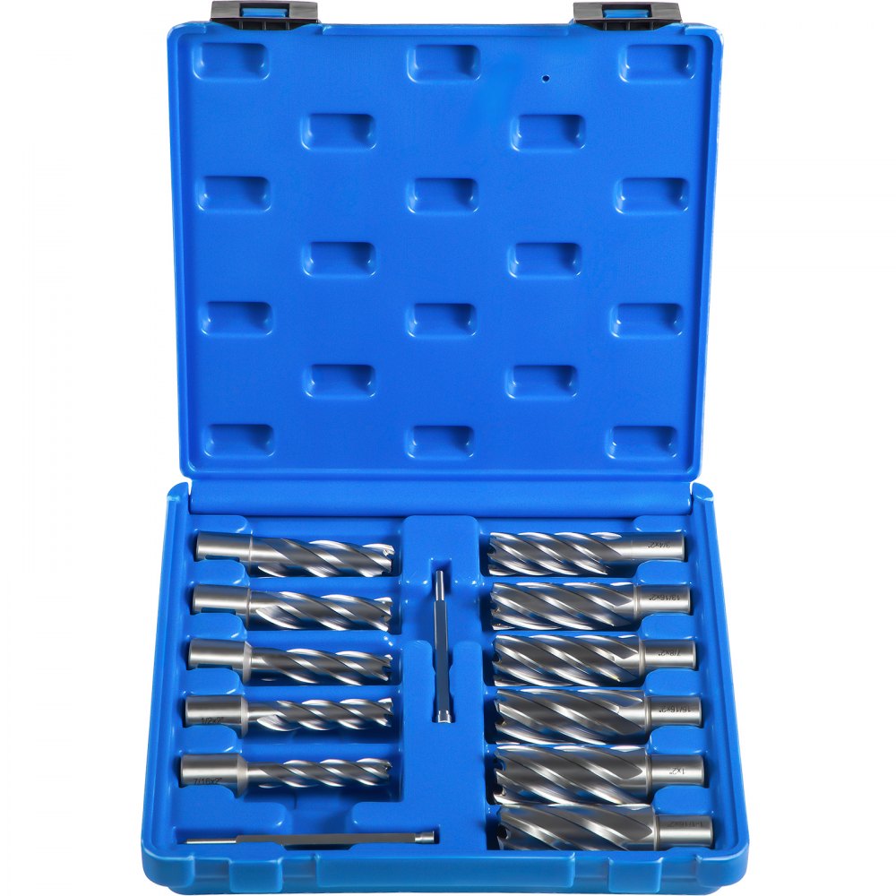 VEVOR Annular Cutter Set, 11 pcs 3/4" Weldon Shank, 2" Cutting Depth and Cutting Diameter from 7/16" to 1-1/16", 2 Pilot Pins & Strong Case for Using with Magnetic Drills, Silver