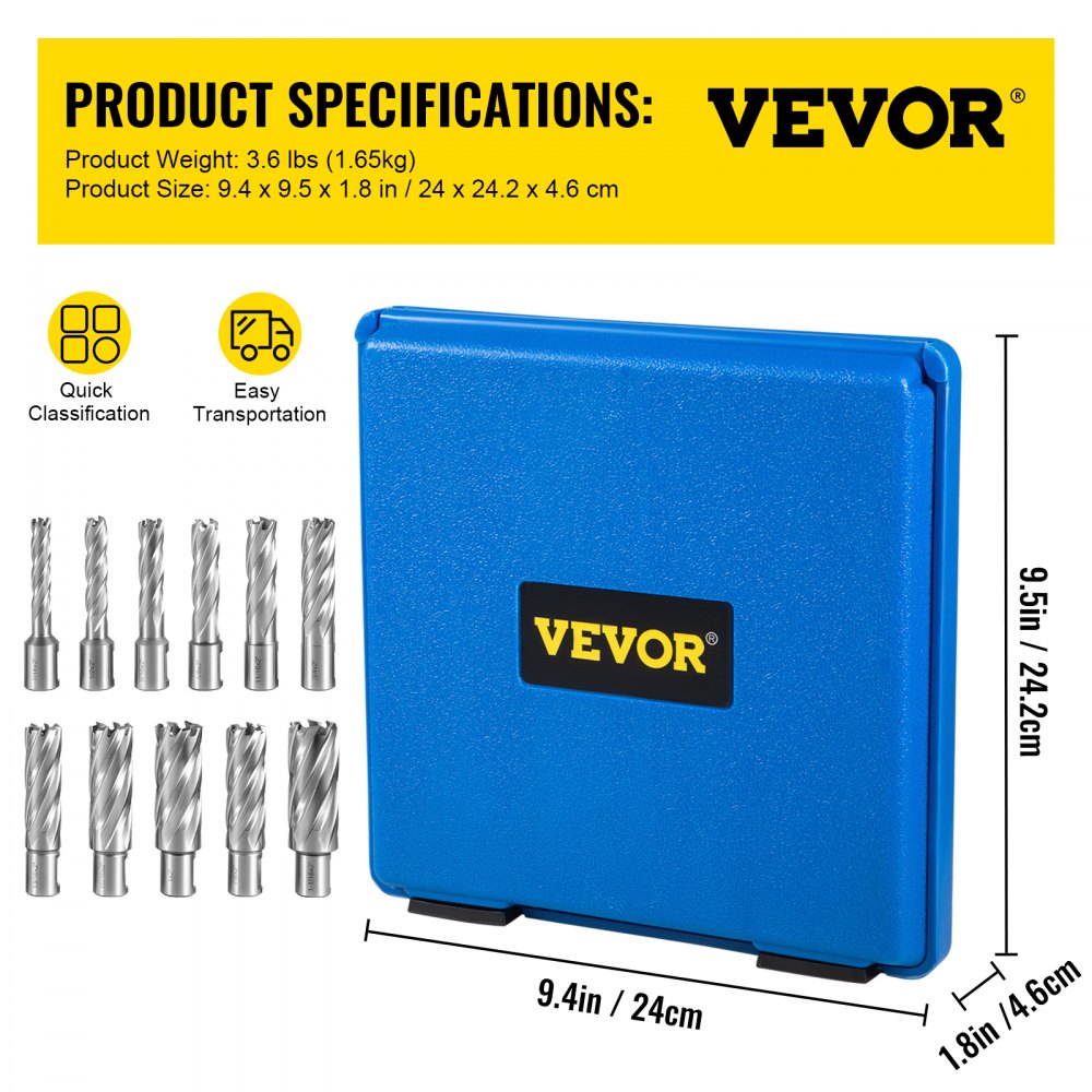 VEVOR Annular Cutter Set, 11 pcs 3/4" Weldon Shank, 2" Cutting Depth and Cutting Diameter from 7/16" to 1-1/16", 2 Pilot Pins & Strong Case for Using with Magnetic Drills, Silver