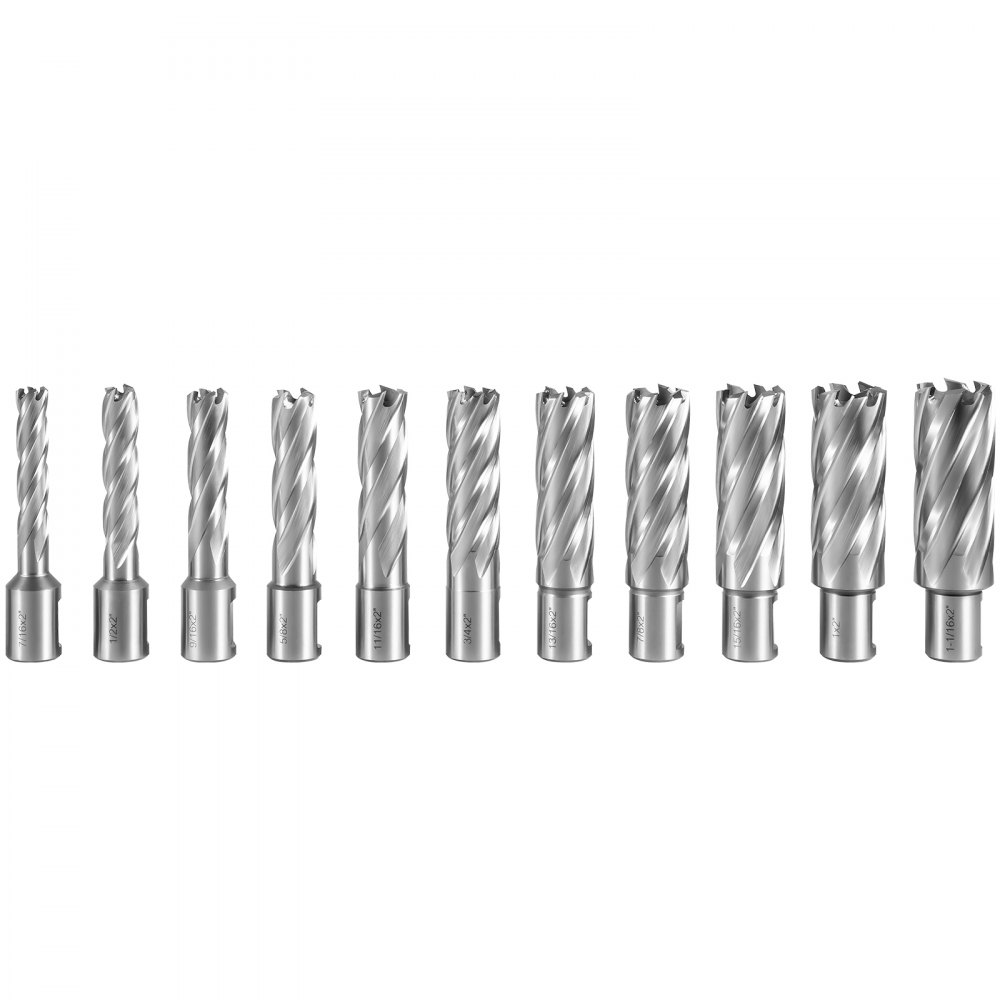 VEVOR Annular Cutter Set, 11 pcs 3/4" Weldon Shank, 2" Cutting Depth and Cutting Diameter from 7/16" to 1-1/16", 2 Pilot Pins & Strong Case for Using with Magnetic Drills, Silver